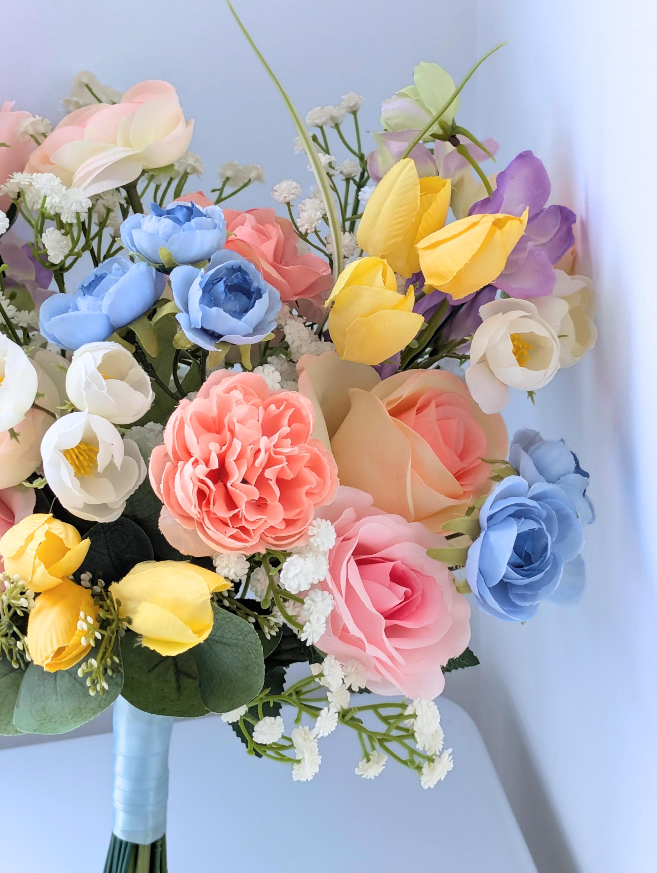 Pastel Wildflower Bridal Bouquet: Pink, Yellow & Blue Faux Flowers - Etsy