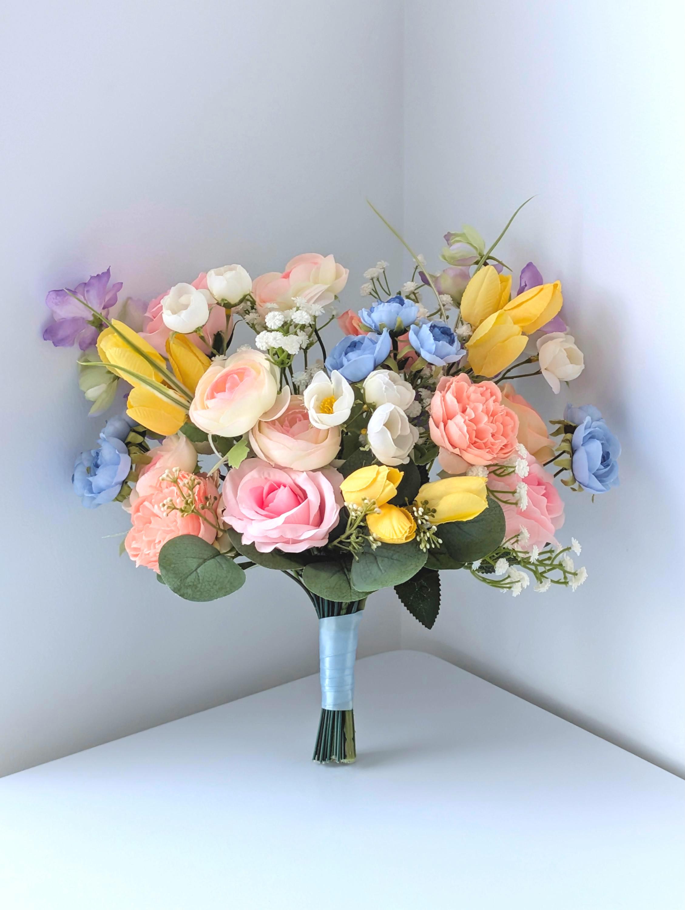 Pastel Wildflower Bridal Bouquet: Pink, Yellow & Blue Faux Flowers - Etsy