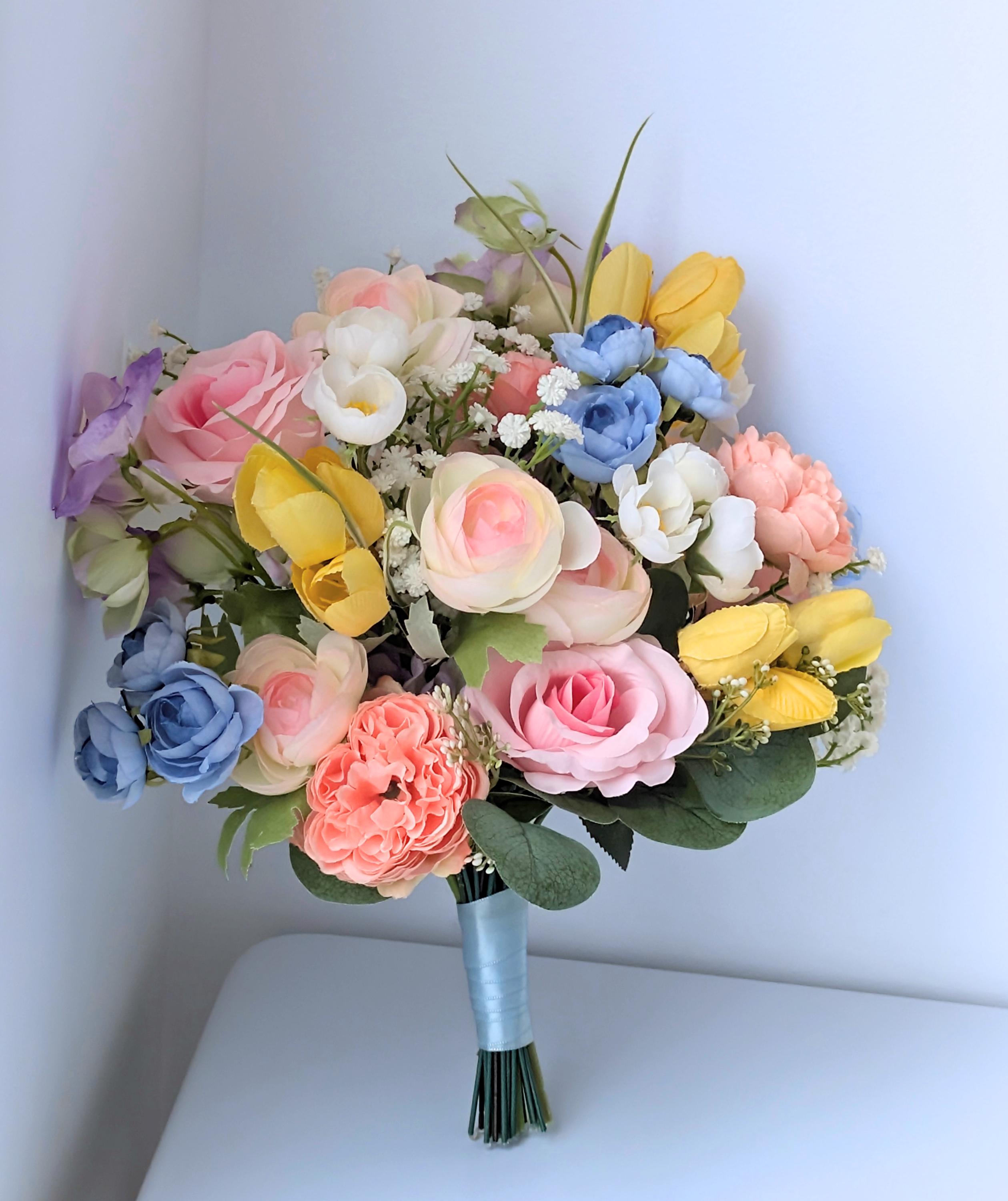 Pastel Wildflower Bridal Bouquet: Pink, Yellow & Blue Faux Flowers - Etsy