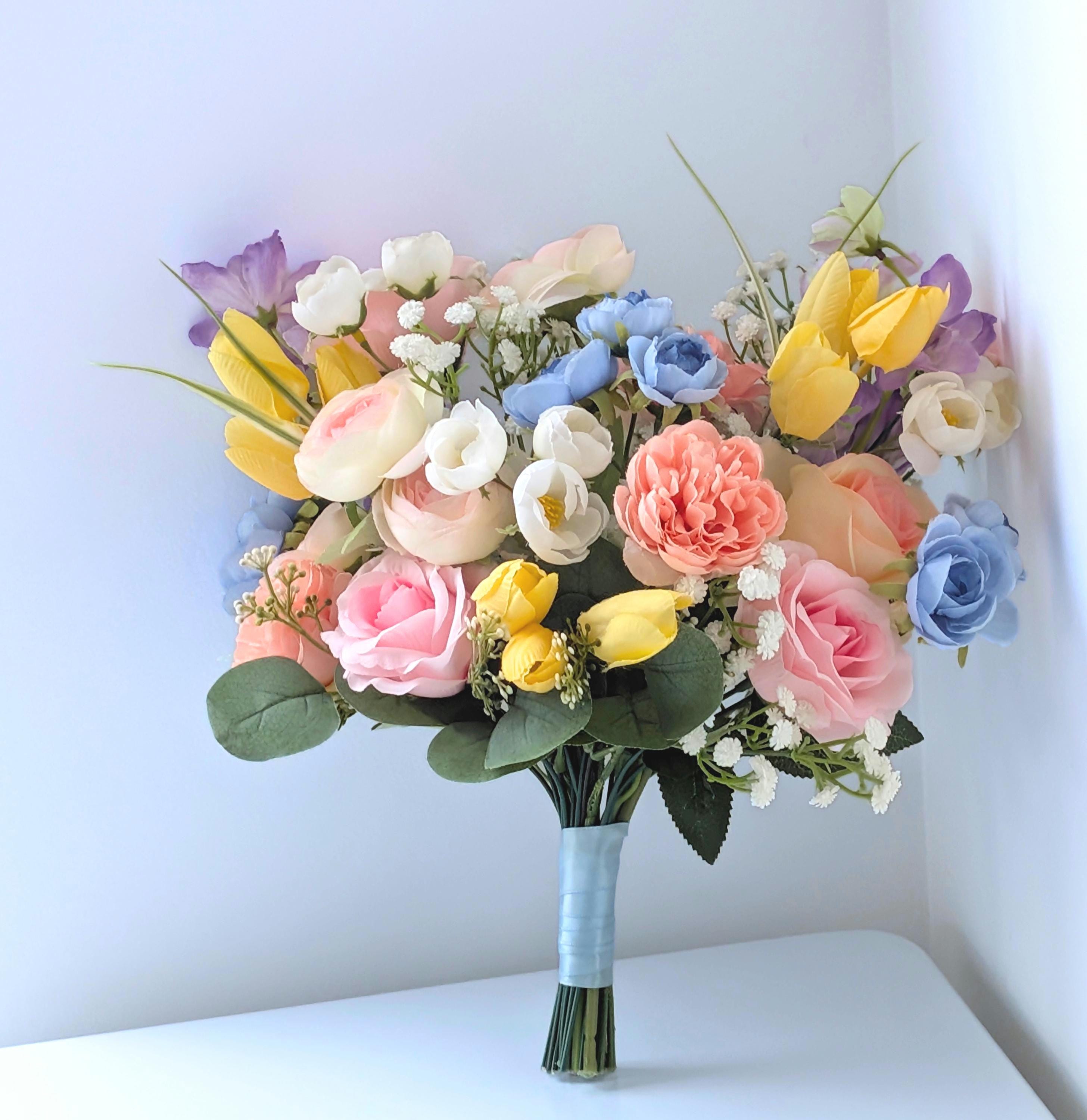 Pastel Wildflower Bridal Bouquet: Pink, Yellow & Blue Faux Flowers - Etsy