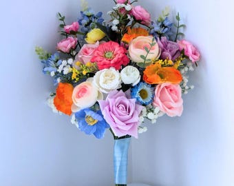 Bright Pastel Wildflower Bridal Bouquet, Pink, Yellow, Blue & Lavender Faux Wedding Flowers