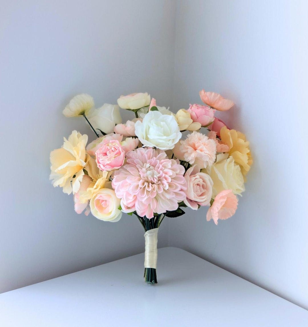Pink Peach and Yellow Wildflower Bridal Bouquet and Boutonniere: Soft ...