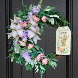 Spring wreath, Easter wreath, welcome spring, bunny wreath, silk flower wreath, pastel wreath, pastel flowers, pink and lavender