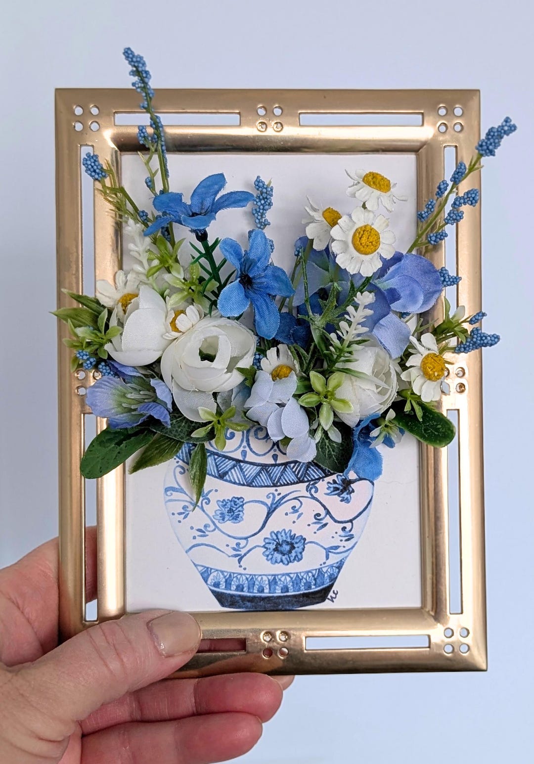 Blue Chinoiserie Vase Floral Art Print: Original Watercolor With Faux ...