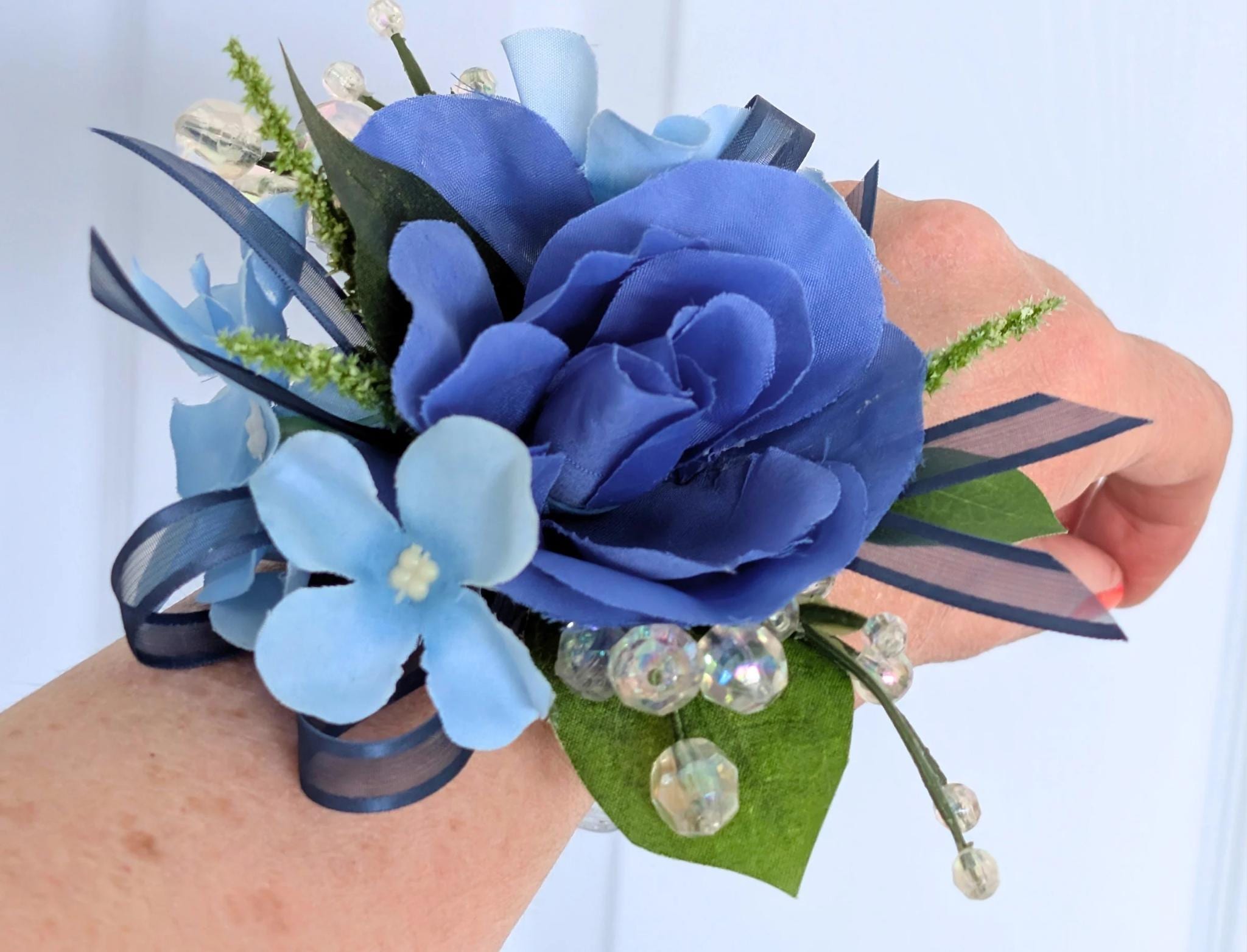 what color corsage for royal blue dress Navy Blue Wrist Corsage