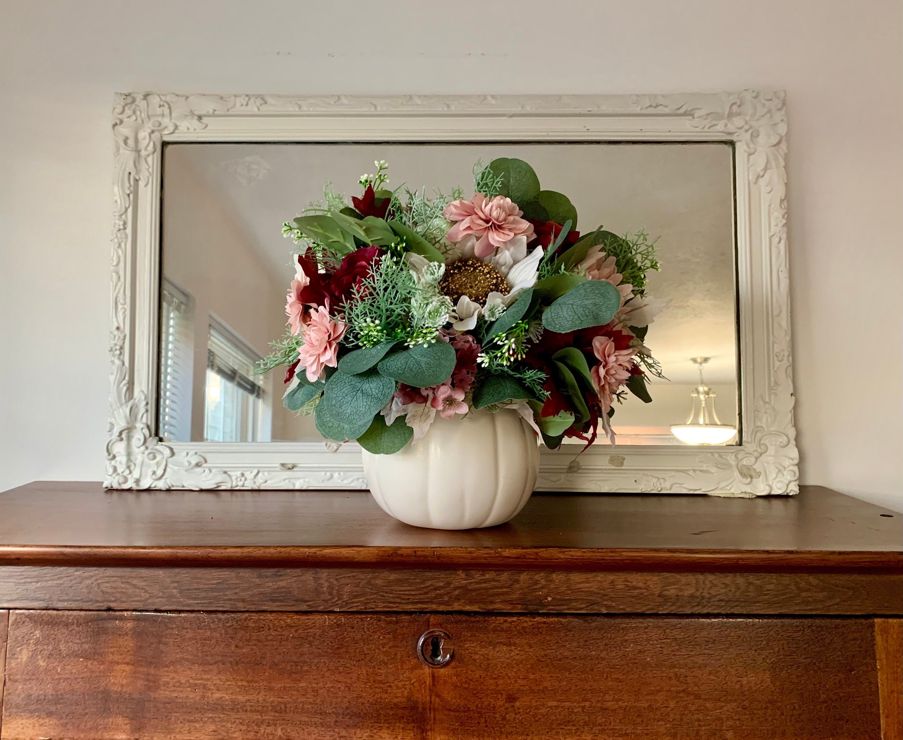 white pumpkin pastel pumpkin fall centerpiece pink and burgundy thanksgiving baby shower bridal shower white sunflowers