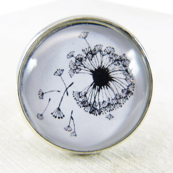 Silberfarbener Ring mit einer Pusteblumen Collage unter einem Glascabochon.