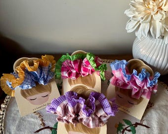 Retro Gingham Scrunchie, Ruffled Hair Tie, Large Fluffy Hair Accessory