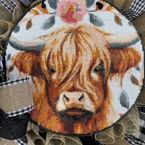 Arte de diamante de vaca, taladro redondo completo 5D, letrero de madera para puerta de entrada, decoración del hogar, arte de pared de vaca de las Tierras Altas