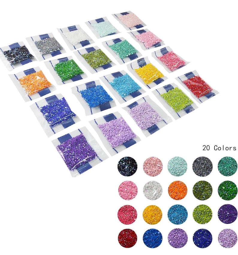 May include: Twenty small bags of colorful diamond painting drills, each bag containing a different color. The colors include black, white, pink, orange, green, blue, purple, and red.  20 Colors.