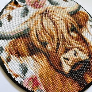 Pintura de diamante de vaca de las Tierras Altas, taladro redondo 5D, letrero de madera para puerta, decoración para el porche, regalo para amantes de las vacas, kit de pintura de diamante