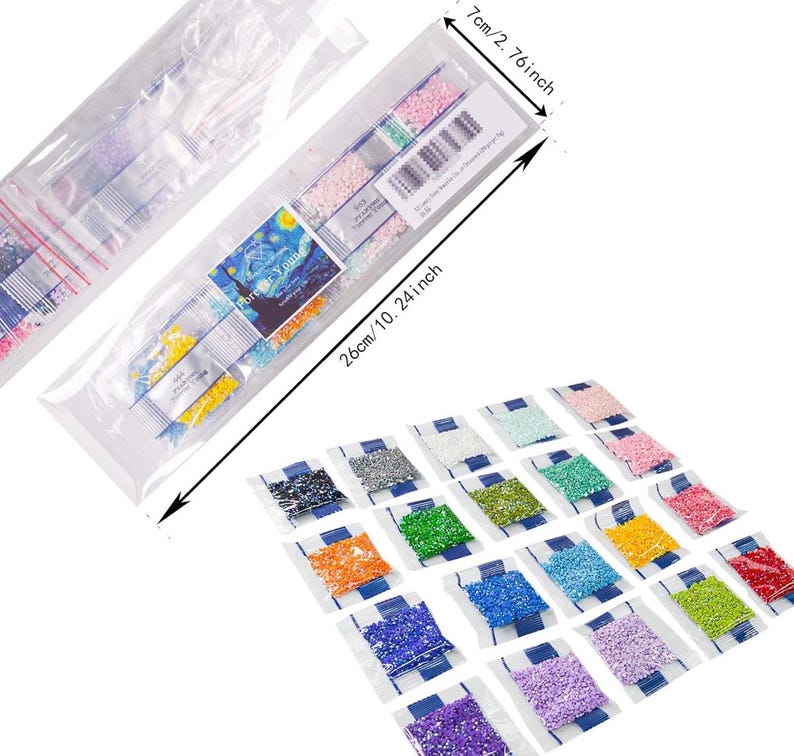 May include: A set of 20 small plastic bags filled with colorful diamond-shaped beads. The bags are arranged in a grid pattern on a white surface. The bags are labeled with numbers. The bags are 7 inches long and 10 inches wide.