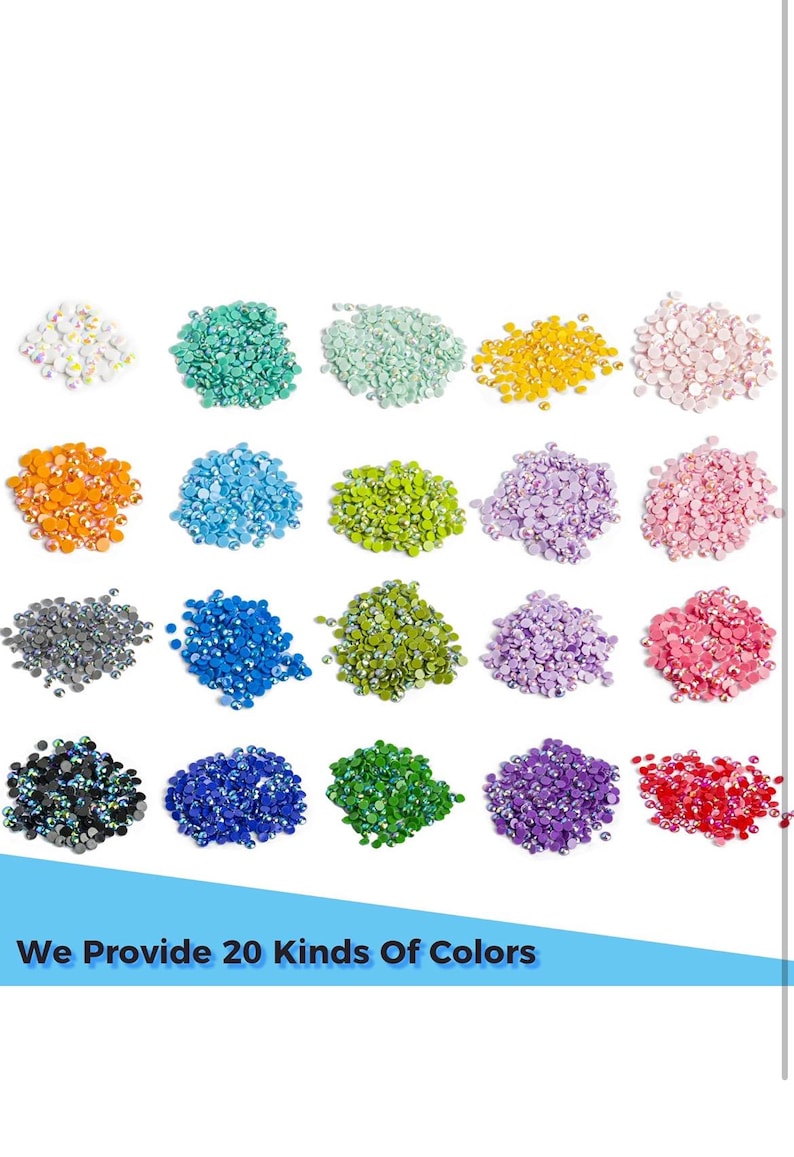 May include: Twenty different colors of round, flat-backed rhinestones, each color shown in a small pile.