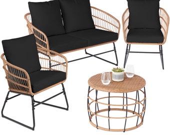 4-Piece Rope Wicker Outdoor Conversation Set w/ Cushions, Table