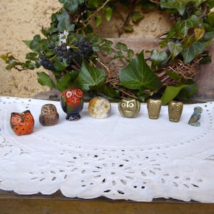 Può includere: Una collezione di otto piccole statuine di gufi. I gufi sono realizzati in ceramica e metallo e sono dipinti in vari colori, tra cui marrone, bianco, arancione, blu e oro. I gufi sono disposti in fila su un tovagliolo di pizzo bianco.