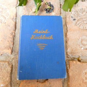 May include: A blue cookbook with the title "Meine Kochbuch" in gold lettering. The book is closed and resting on a brick surface. A sprig of greenery and berries are in the background.