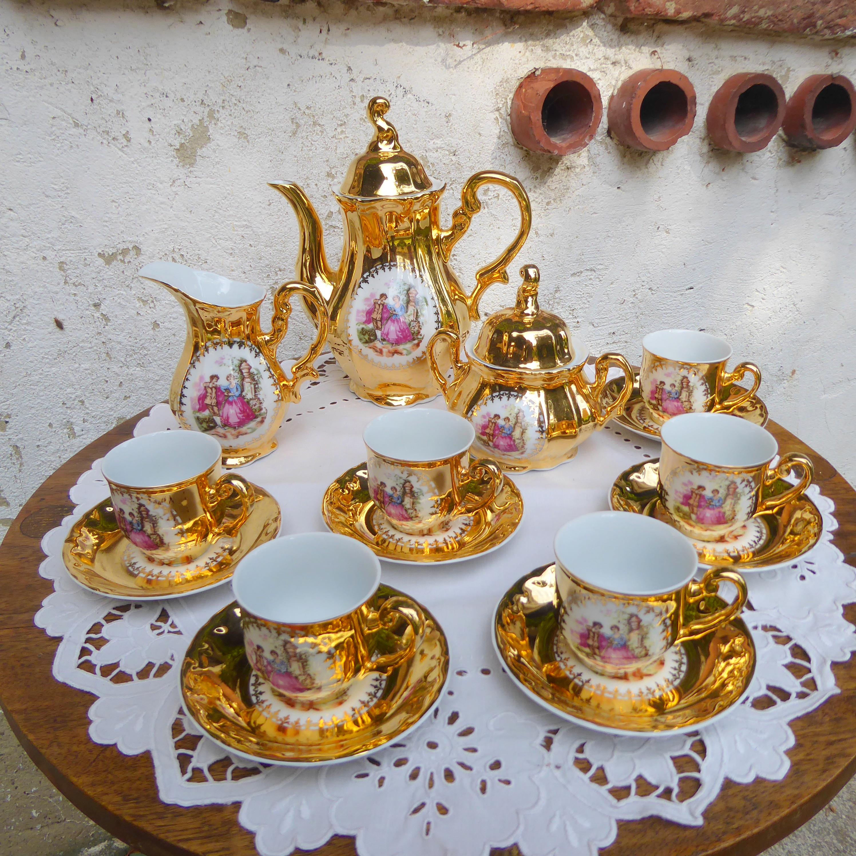 Kaffeeservice Moccaservice mit Biedermeiermotiv und Gold VINTAGE