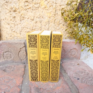 Könnte beinhalten: Drei alte Bücher mit gelben Einbänden und aufwendigen Goldmustern. Die Buchrücken tragen deutschen Text, darunter den Namen des Autors, Edmund Thell, und den Titel "Jagd auf die Rabkassawane". Die Bücher stehen auf einer Ziegeloberfläche.