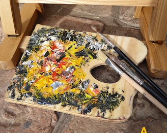 Paleta de artista antiguo, paleta de pintor de madera, pintura de arte, pintura al óleo