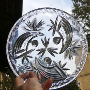 Può includere: Piatto rotondo in vetro trasparente con intricati disegni floreali e geometrici incisi. Il piatto presenta un motivo centrale a stella, elementi curvi a forma di foglia e un bordo decorativo. Il piatto è tenuto contro uno sfondo di vegetazione e cielo.
