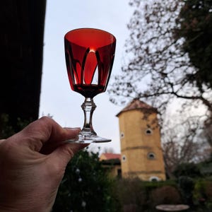 Puede incluir: Una copa de vino tinto rubí con un tallo y base claros y ornamentados. La copa tiene un diseño único con patrones recortados. El fondo presenta una vista borrosa de un edificio y árboles.