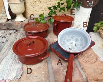 Panela de esmalte, assadeira, assadeira, peneira, vintage