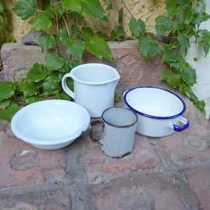 Enamel pot, spouted pot, enamel cup, bowl Vintage Mid Century
