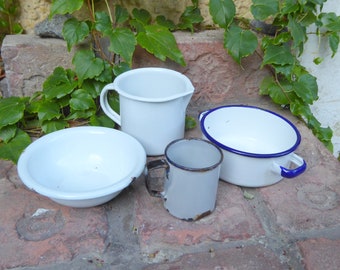 Olla de esmalte, olla de pico, taza de esmalte, cuenco vintage de mediados de siglo