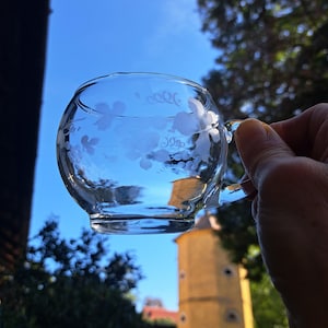 Könnte beinhalten: Eine klare Teetasse aus Glas mit rundem Boden und Henkel. Die Tasse ist mit geätzten Weinrebenmotiven verziert. Die Tasse wird vor einem blauen Himmel mit Bäumen und einem Gebäude im Hintergrund gehalten.