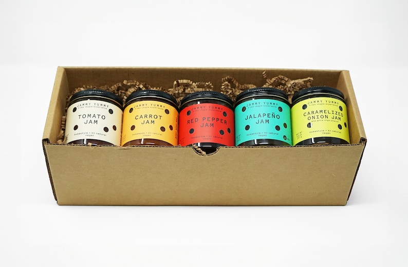 The Perfect Gift Box 5 Veggie Jams Tomato, Caramelized Onion, Red Pepper, Jalapeño & Carrot image 1