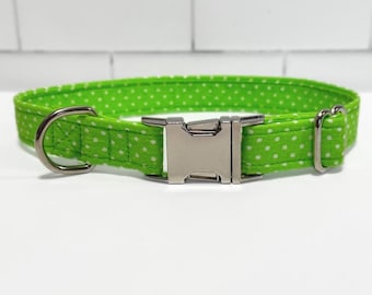 Lime Green & White Polka Dot Fabric Dog/Cat Collar