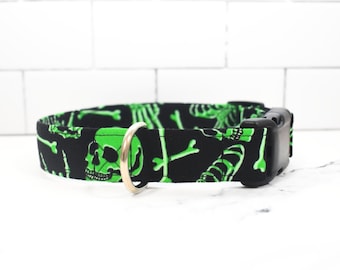 Glow in the Dark Green Skulls & Bones on Black Fabric Dog/Cat Collar