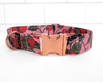 Strawberry Plants and Pink Butterfly Fabric Dog/Cat Collar