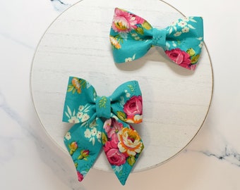 Teal Floral Dog/Cat Collar Bow ~ Spring Dog Collar Bow Tie ~ Flower Dog Collar Bow ~ Slip On Dog Collar Bow