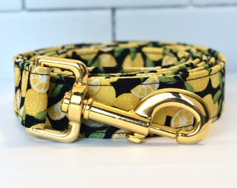 Yellow Lemons on Black Fabric Dog Leash
