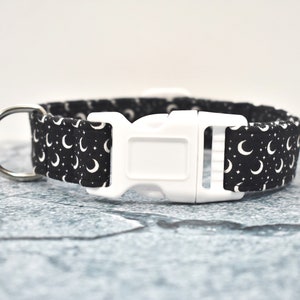 White Moons and Stars on Black Fabric Dog/Cat Collar