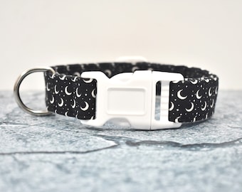 White Moons and Stars on Black Fabric Dog/Cat Collar