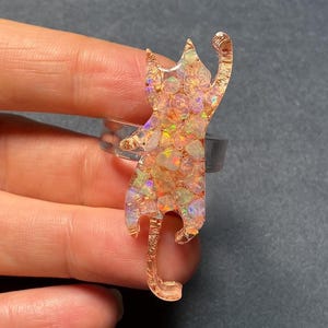 Opal Cat Ring, Rose Gold, Resin and Gemstone