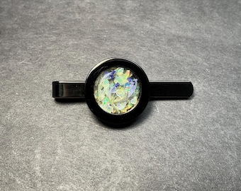 Opal Dried Flower Tie Clip, Raw Gemstone Men's Accessory, Locket Style, Purple Rainbow Black, Wedding Prom or Gift