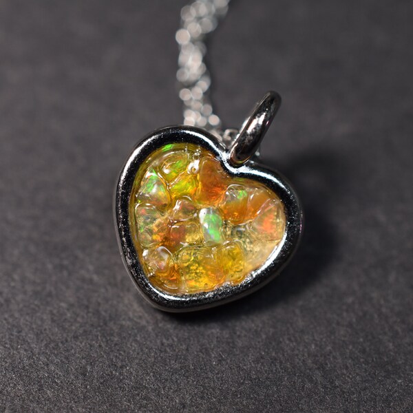 Raw Opal Heart Charm Pendant Necklace in Silver, Flashy Fire Gemstone