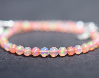 Pink Opal Moon Charm Bracelet, Round Sparkly Fire Opal Beads