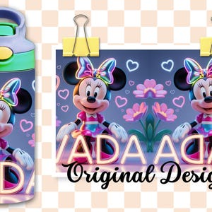 May include: A water bottle featuring a cartoon character design. The bottle has a purple and green lid and a wrap-around design of a character with a bow, dress, and the name "ADA". The image also includes a matching design with the text "Original Design".