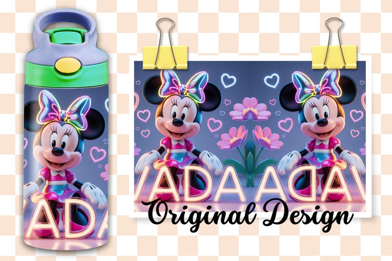 May include: A water bottle featuring a cartoon character design. The bottle has a purple and green lid and a wrap-around design of a character with a bow, dress, and the name "ADA". The image also includes a matching design with the text "Original Design".