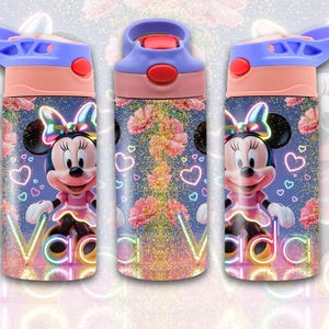 May include: A set of three water bottles featuring Minnie Mouse. The bottles have a blue and pink lid, and a pink and blue body with Minnie Mouse, hearts, and the word "Vada" in a neon font. The background is a floral design.