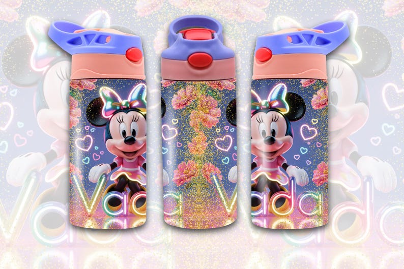 May include: A set of three water bottles featuring Minnie Mouse. The bottles have a blue and pink lid, and a pink and blue body with Minnie Mouse, hearts, and the word "Vada" in a neon font. The background is a floral design.