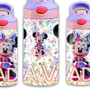 May include: A set of three water bottles featuring Minnie Mouse. Each bottle has a pink and purple lid, a pink body, and a design with Minnie Mouse and the name "VADA". The background is a confetti pattern.