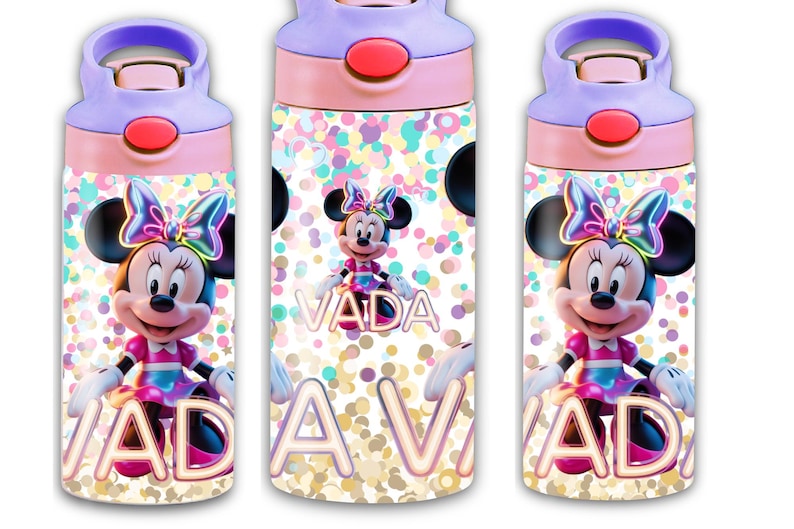 May include: A set of three water bottles featuring Minnie Mouse. Each bottle has a pink and purple lid, a pink body, and a design with Minnie Mouse and the name "VADA". The background is a confetti pattern.