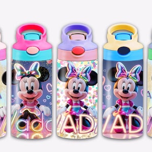 May include: Five colorful water bottles featuring Minnie Mouse designs. Each bottle has a different color lid and a unique Minnie Mouse graphic with a name. The bottles are designed for kids and have a flip-top lid.