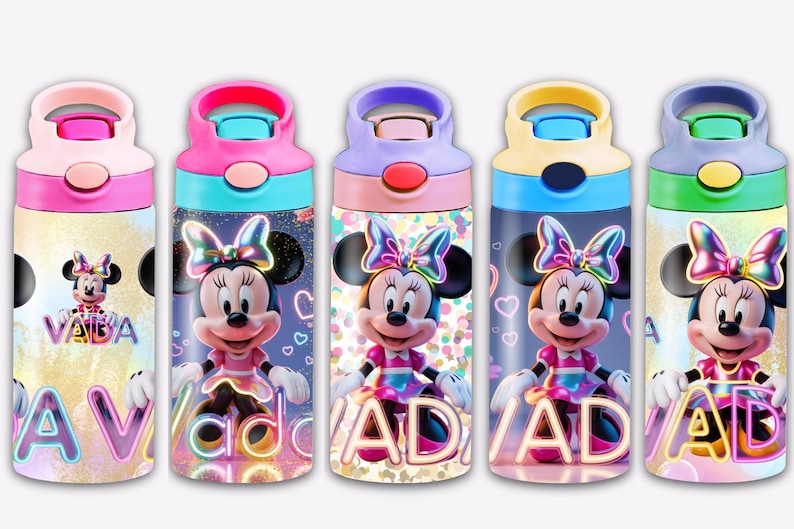 May include: Five colorful water bottles featuring Minnie Mouse designs. Each bottle has a different color lid and a unique Minnie Mouse graphic with a name. The bottles are designed for kids and have a flip-top lid.