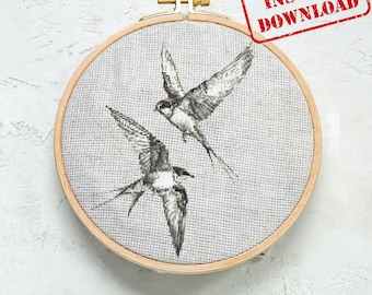 Swallows Cross Stitch Pattern: Beginner Modern Embroidery (PDF Download, 10 Colors)